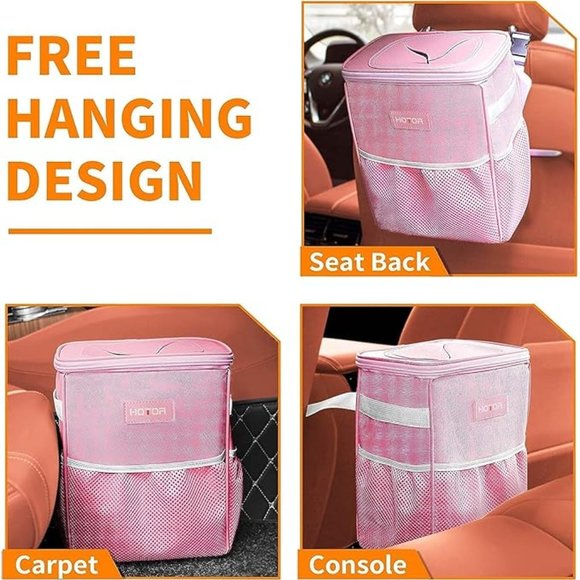 Pink Car Trash Can with Lid and Storage Pockets - Picture 6 of 6